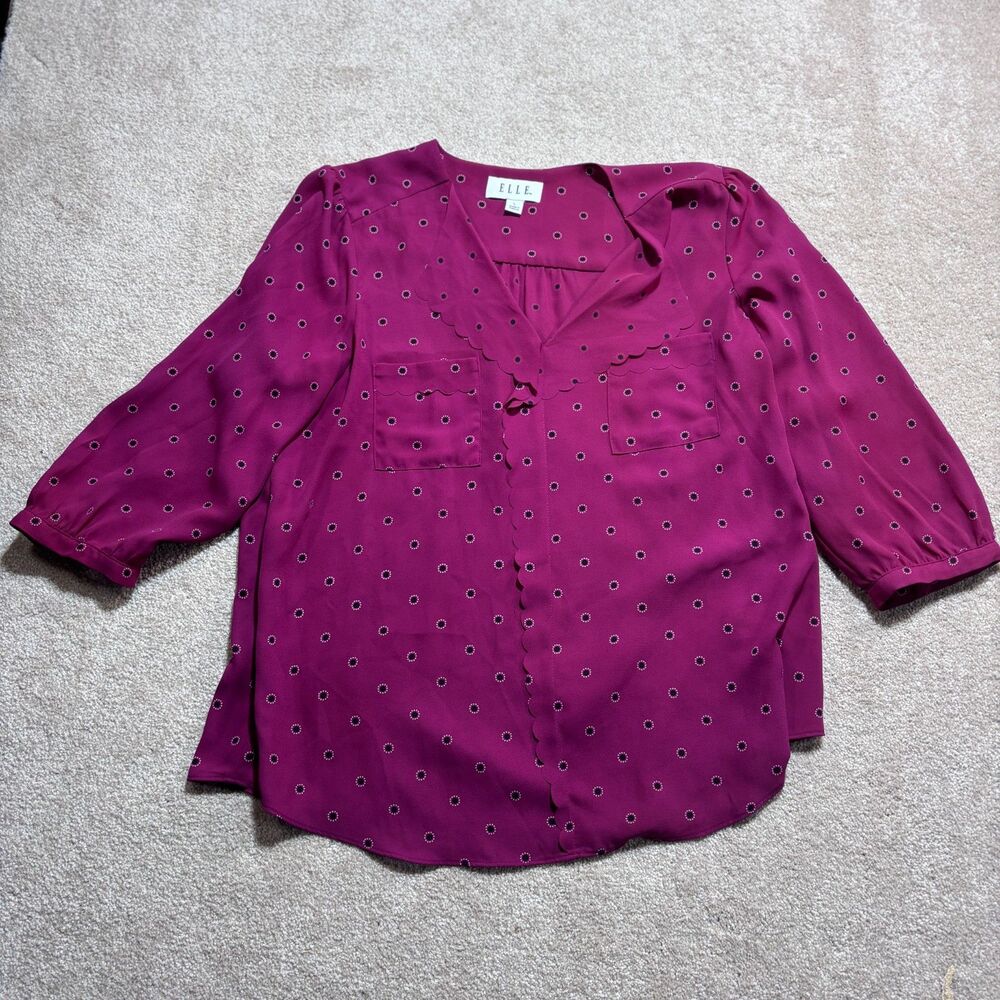 Elle Fuchsia floral print 3/4 sleeve blouse with pockets, Size L